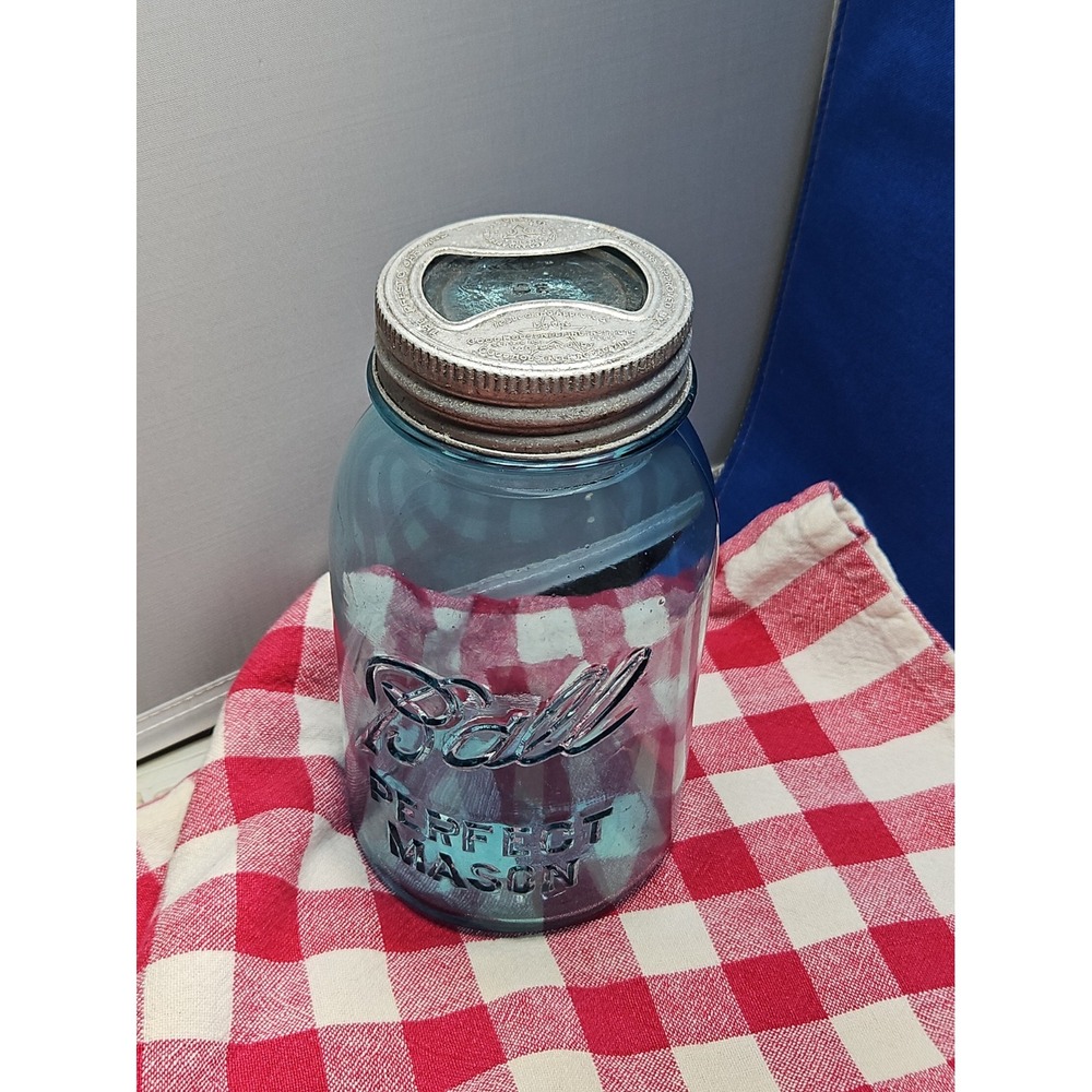 Ball Perfect Mason Jar Quart Blue w/Bowtie Ring Glass Lid Antique Farmhouse Chic